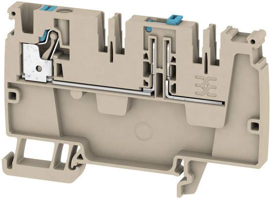 Ein brauner elektrischer Klemmenblock aus Kunststoff mit blauen Markierungen, gezeigt von der Seite. Das Objekt ist offenbart, um interne Metallklemmen zu zeigen.