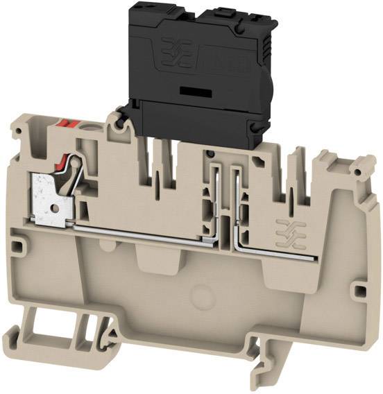 Ein Querschnitt eines beige-braunen elektrischen Klemmenblocks mit schwarzem Aufsatz, zeigt interne Verbindungen und Metallteile.