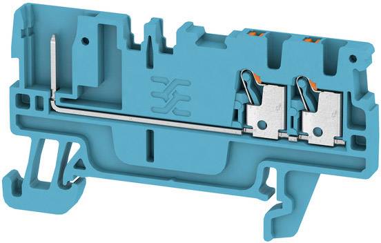 Ein Querschnitt eines blauen elektrischen Reihenklemmenmoduls zeigt die internen Metallverbindungen und Mechanismen.