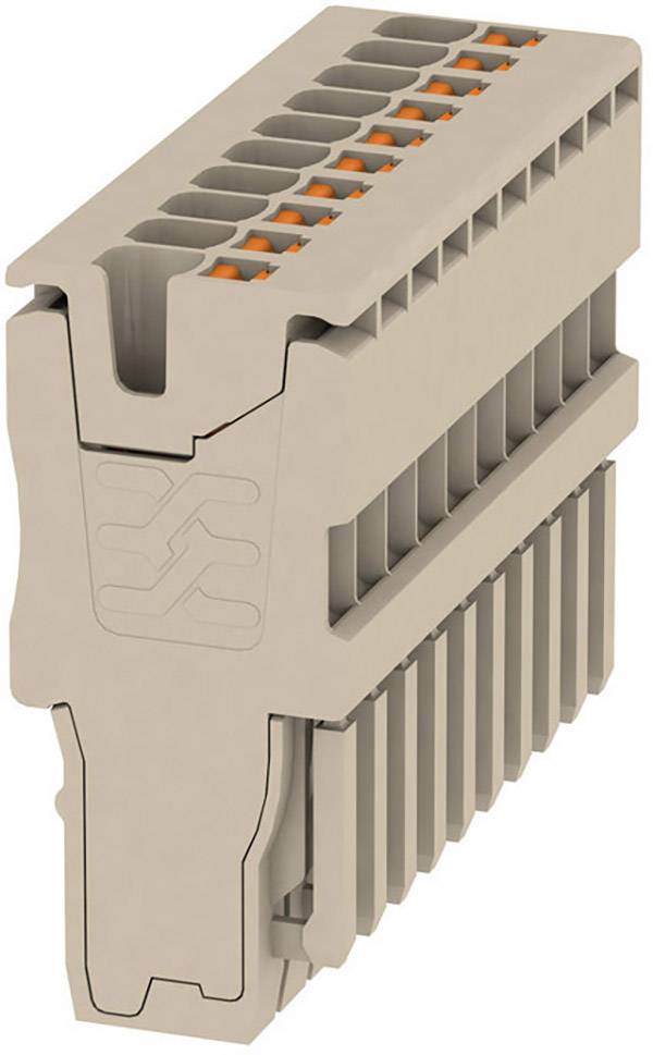 Ein Steckverbinder mit mehreren Kontaktstellen, geeignet für Industrieanwendungen. Beige Kunststoff mit orangefarbenen Einsätzen.