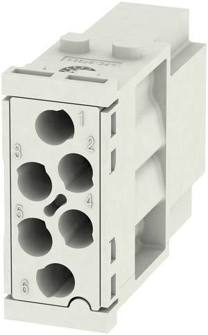 Ein grauer elektrischer Anschlussblock mit sechs nummerierten Anschlusslöchern (1 bis 6) in zwei vertikalen Reihen.