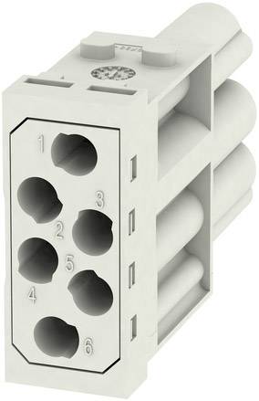 Ein sechspoliger Steckverbinderblock aus grauem Kunststoff mit zylindrischen Einstecköffnungen, nummeriert von 1 bis 6.