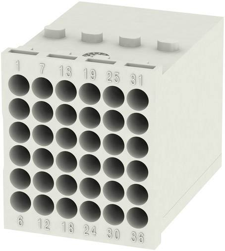 Ein rechteckiger, weißer Steckverbinderblock mit 36 runden Löchern, in einer 6x6-Anordnung nummeriert von 1 bis 36 an den Rändern.