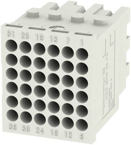 Graues Steckverbindergehäuse mit 36 nummerierten Öffnungen in einem rechteckigen Muster; Zahlen sind auf der einen Seite sichtbar.