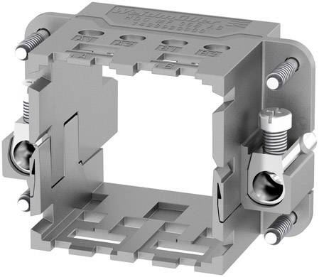Ein grauer, rechteckiger Kunststoffhalter mit vier Schrauben an den Ecken, möglicherweise zur Befestigung elektrischer Bauteile.