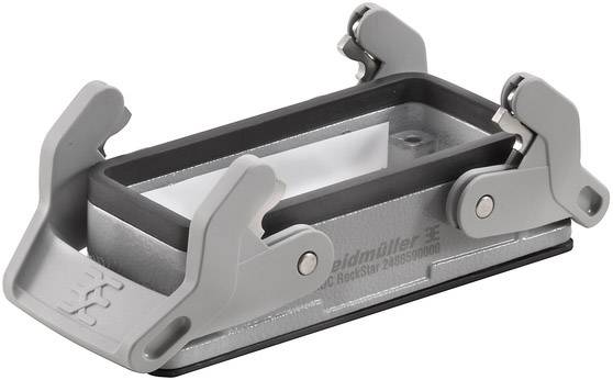 Ein graues rechteckiges Steckverbindergehäuse mit seitlichen Befestigungselementen, geeignet für industrielle Anwendungen.