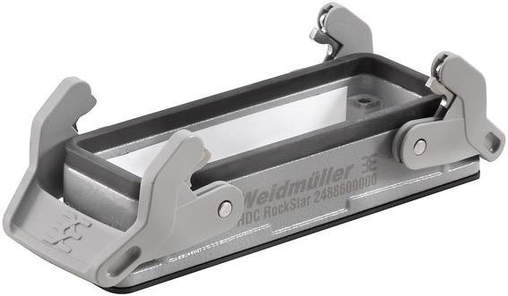 Graues Metallgehäuse mit Befestigungsmechanismen, gekennzeichnet mit 'Weidmüller'. Entworfen für industrielle Anwendungen.