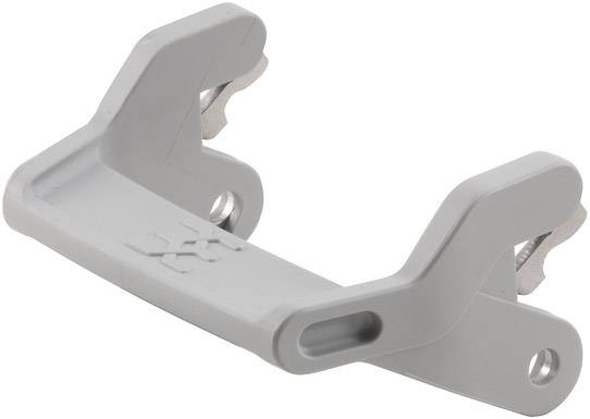 Ein graues Kunststoffteil mit zwei Haken und einem Loch in der Mitte, vermutlich ein Befestigungs- oder Verbindungselement.