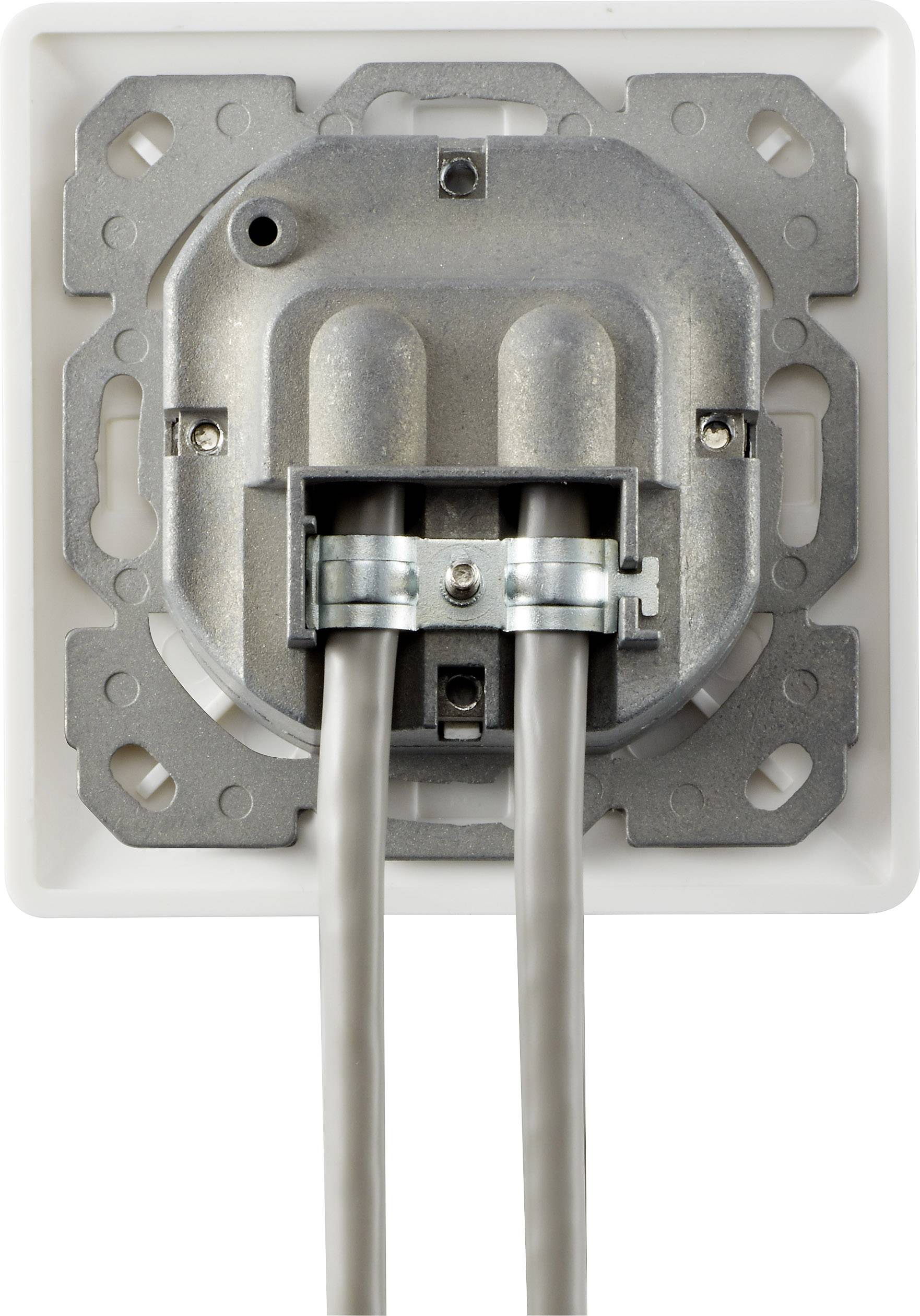 Einbau eines rechteckigen Wandsteckdosenkastens mit Metallrahmen und zwei stromführenden Kabeln im unteren Bereich.