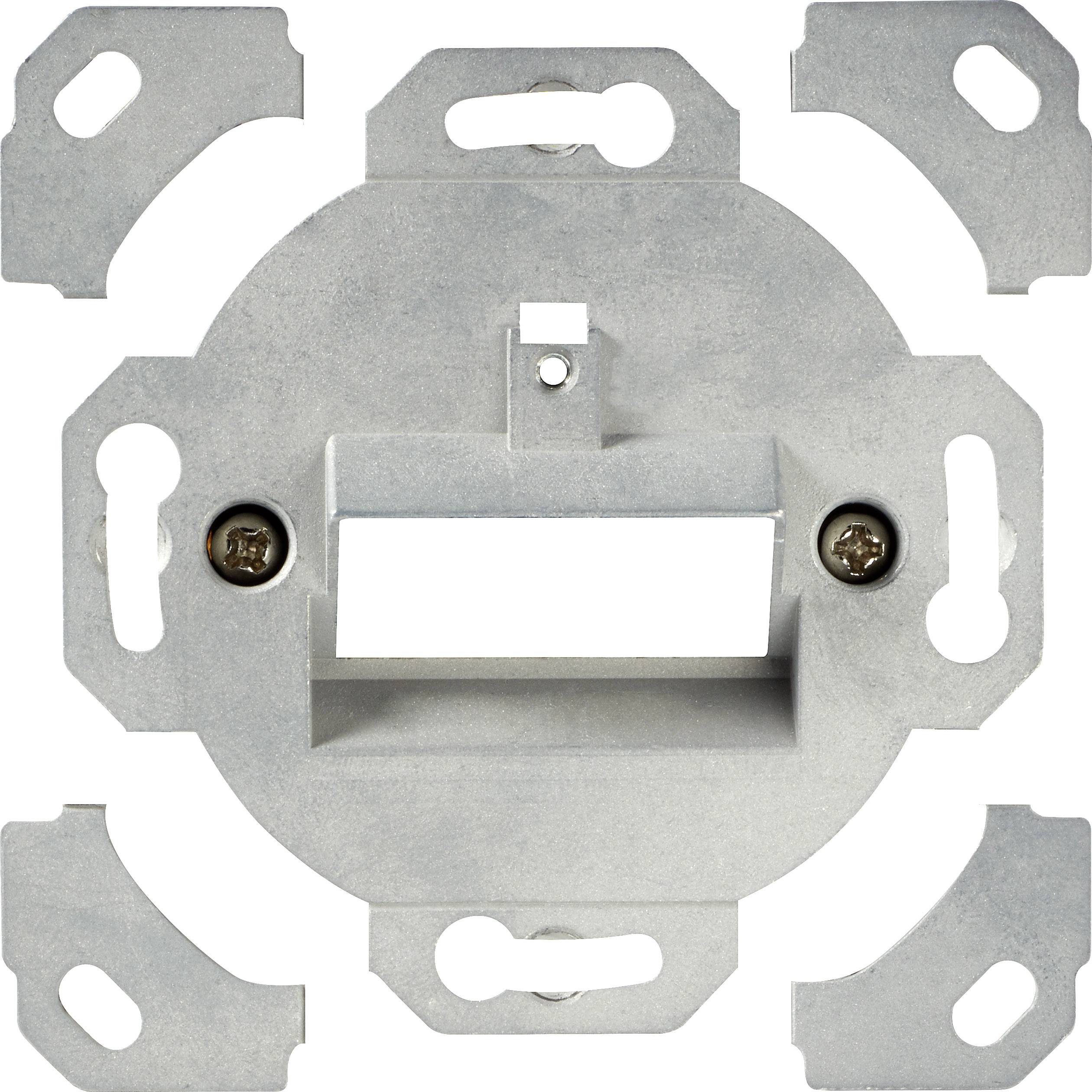 Metallischer Unterputz-Montagerahmen für Steckdose oder Schalter, rechteckige Öffnung in der Mitte, zwei Schrauben zur Befestigung.