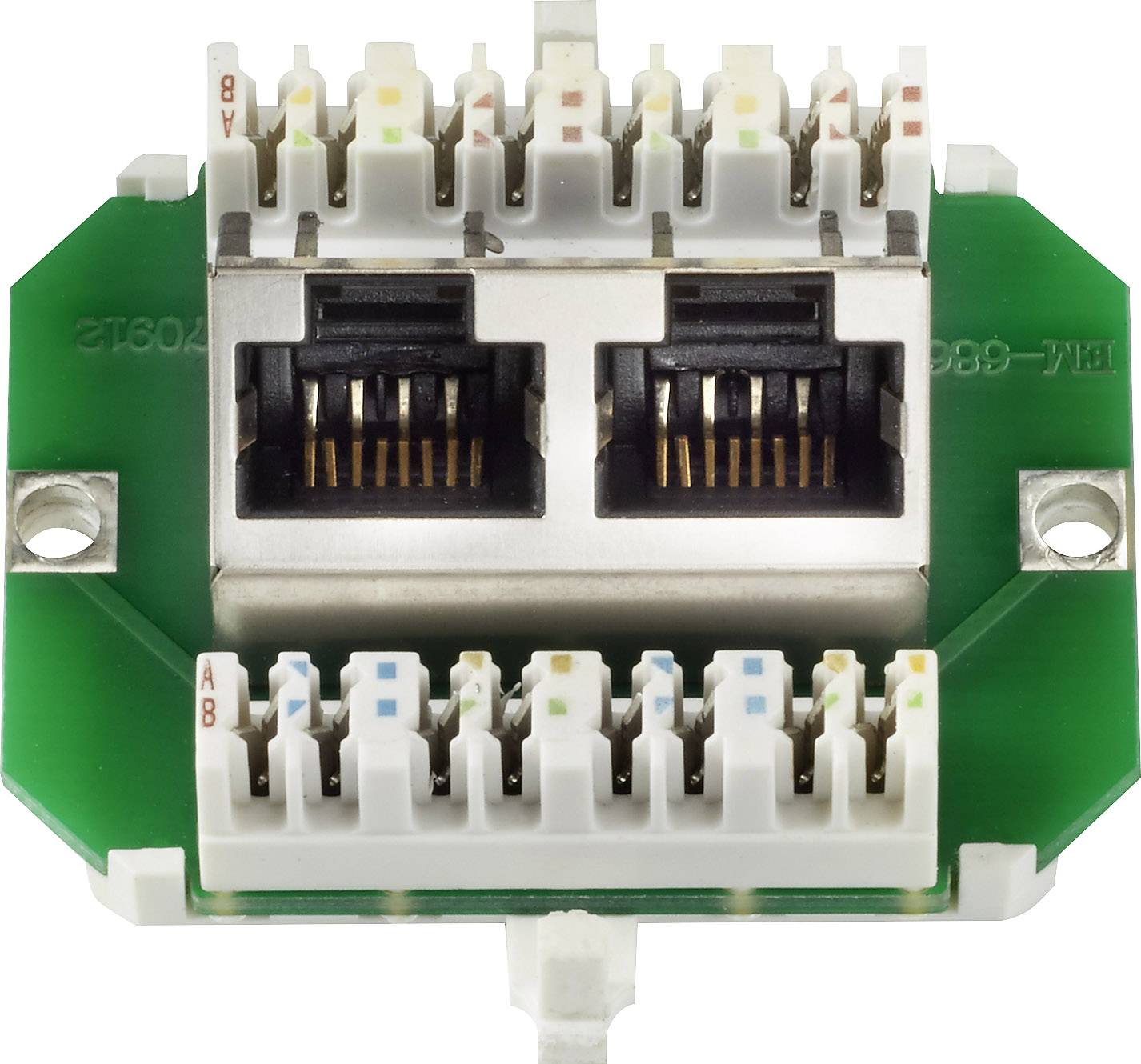 Zwei Ethernet-Buchsen auf einer grünen Schaltplatine mit A- und B-Etiketten für Anschlussleitungen.