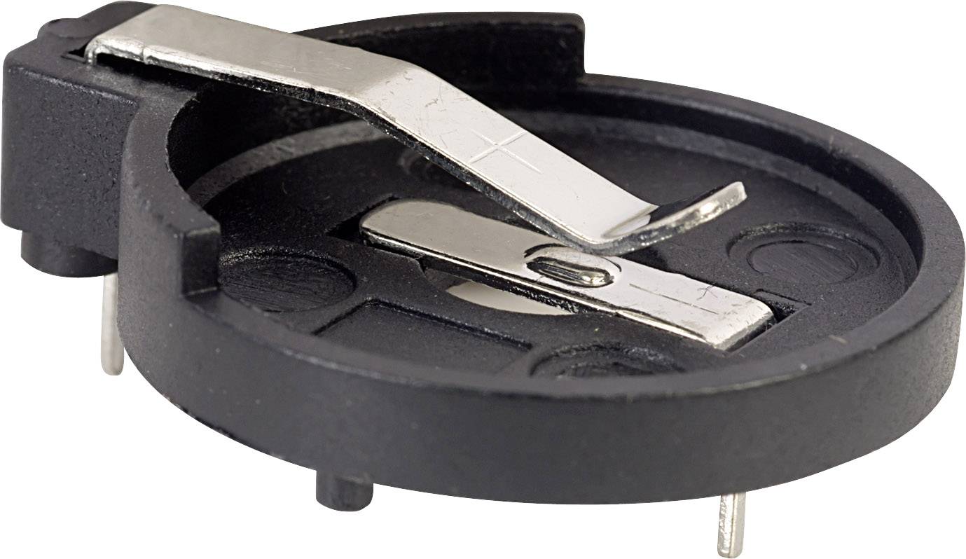 Ein runder Batteriehalter aus Kunststoff mit zwei Metallkontakten für eine Knopfzellenbatterie, auf der Seite liegend.