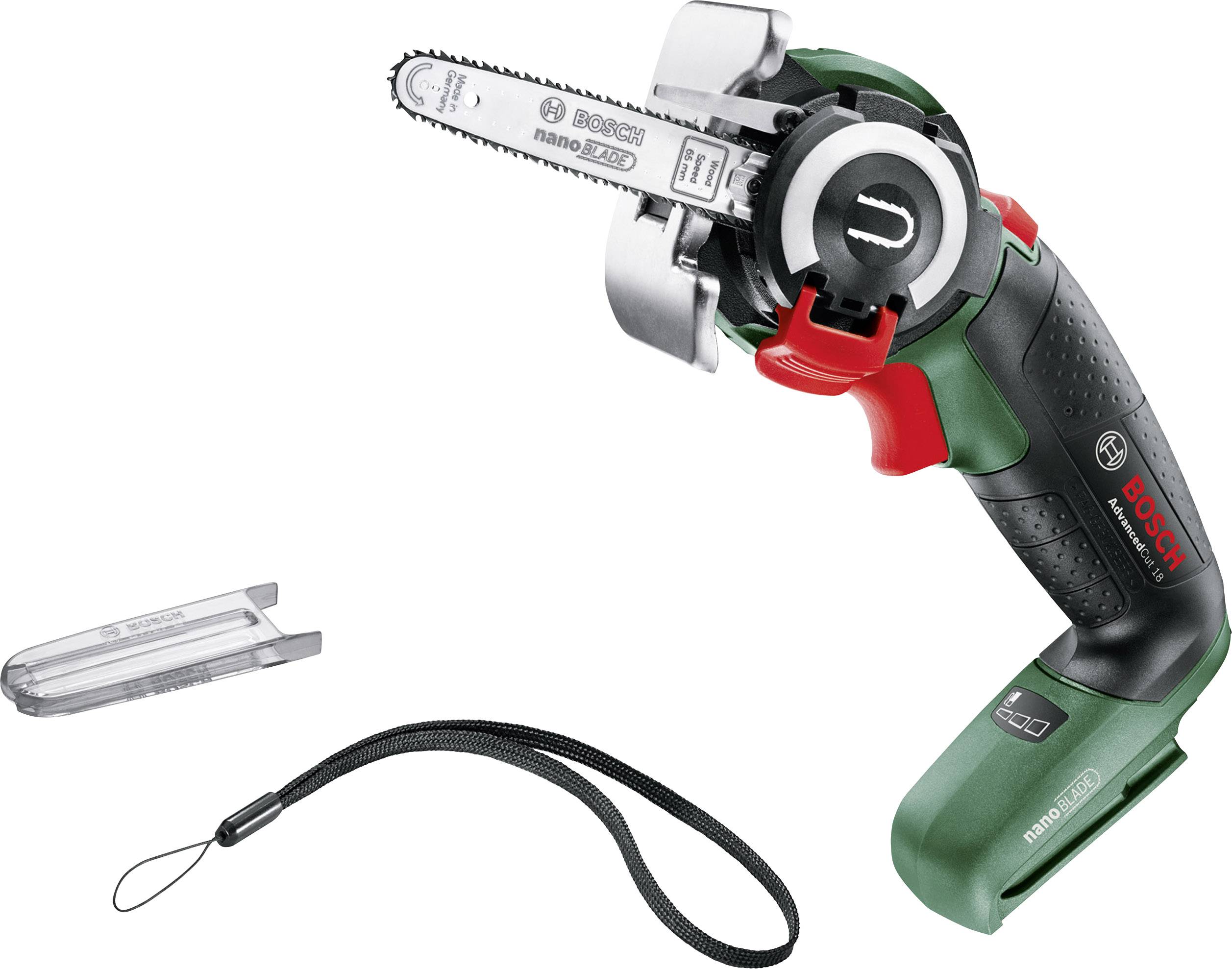Kompakte Bosch NanoBlade-Säge 'EasyCut 12' mit Schutzkappe und Handschlaufe, geeignet für präzise Heimwerkerarbeiten.