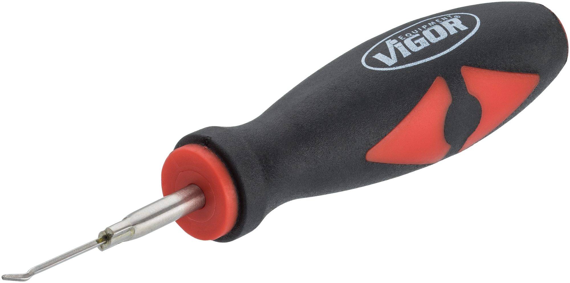 Schraubendreher mit schwarzem Griff und roter Spitze, Marke 'Vigor'.