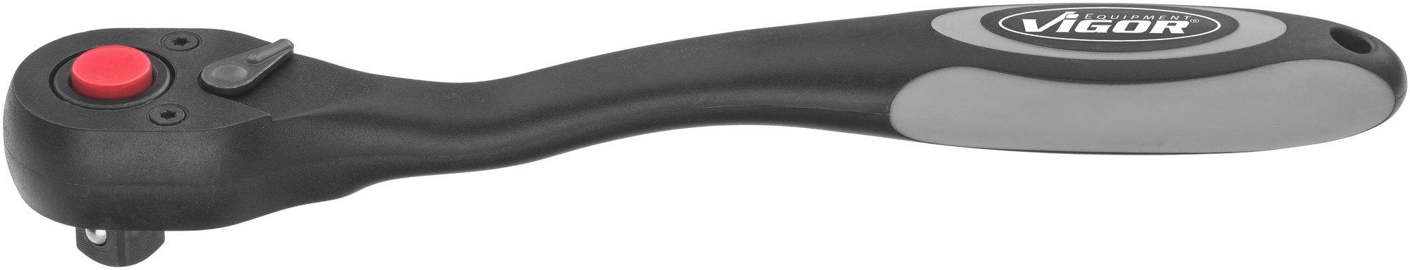 Schwarzer Ratschen-Schlüssel mit ergonomischem Griff und rotem Knopf oben, geeignet für mechanische Arbeiten und Schraubverbindungen.
