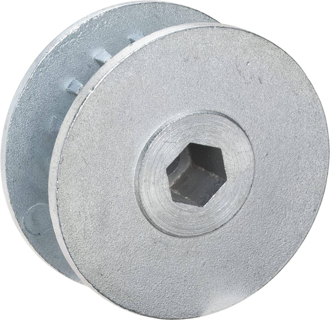 Eine silberne Metallrolle mit sechseckiger Öffnung in der Mitte, zeigt eine gerillte Oberfläche auf einer Seite.