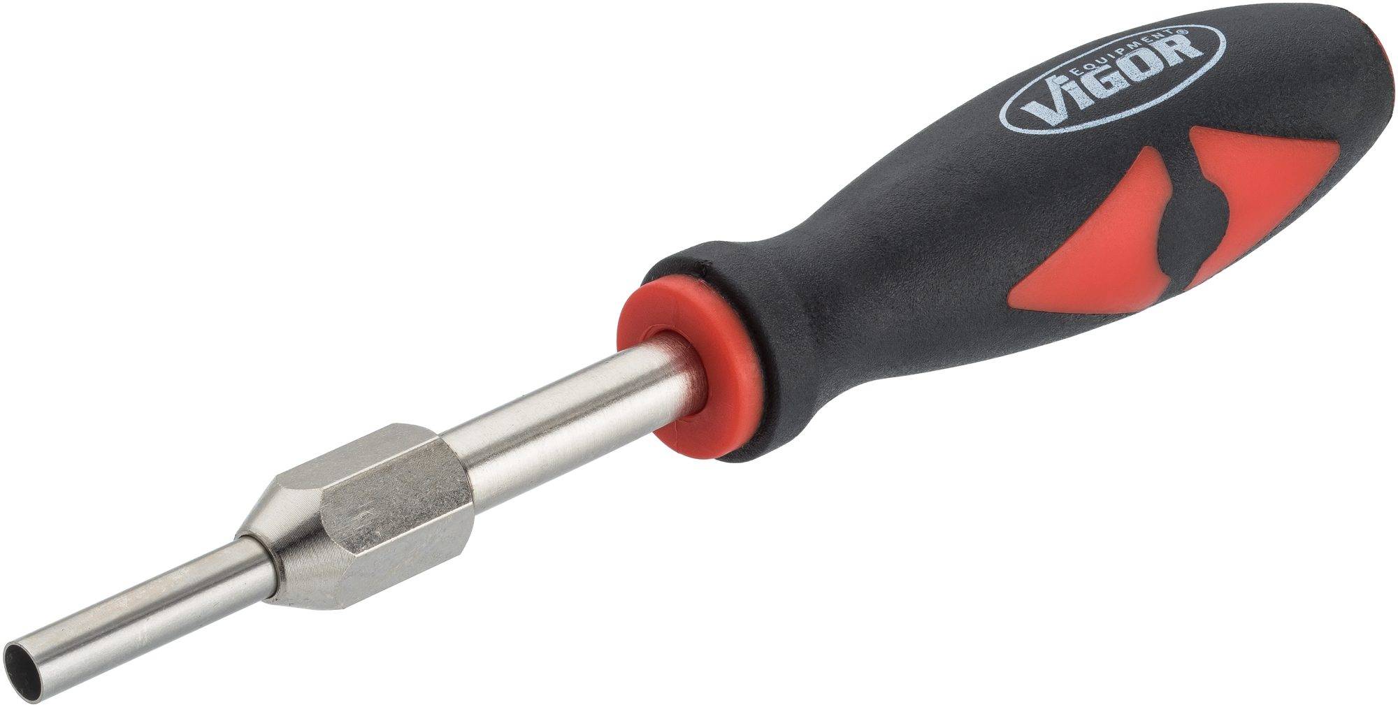 Schraubendreher mit schwarzem Griff und roten Details, Metallspitze zeigt nach links.