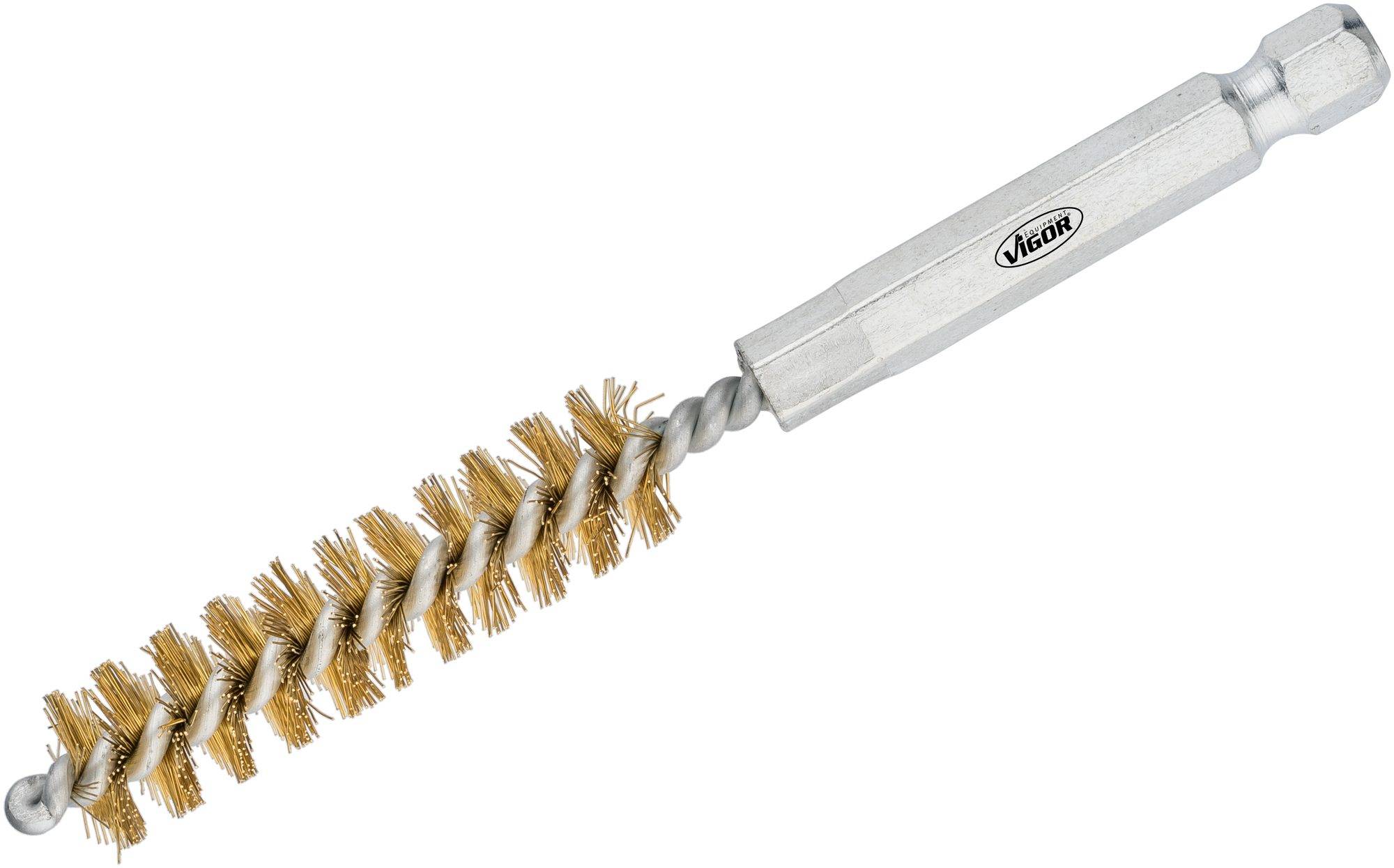 Bohrbürste mit Metallborsten und sechseckigem Griff, geeignet zum Reinigen und Entgraten von Rohren oder anderen Oberflächen.