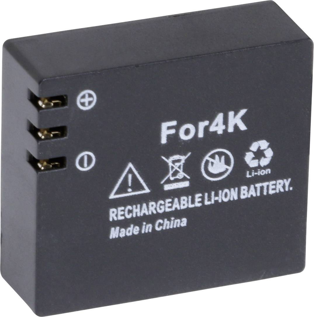 Schwarzer, rechteckiger, wiederaufladbarer Li-Ionen-Akku mit Symbolen für Polarität, Warnhinweisen, Recycling und Aufschrift 'For4K'.