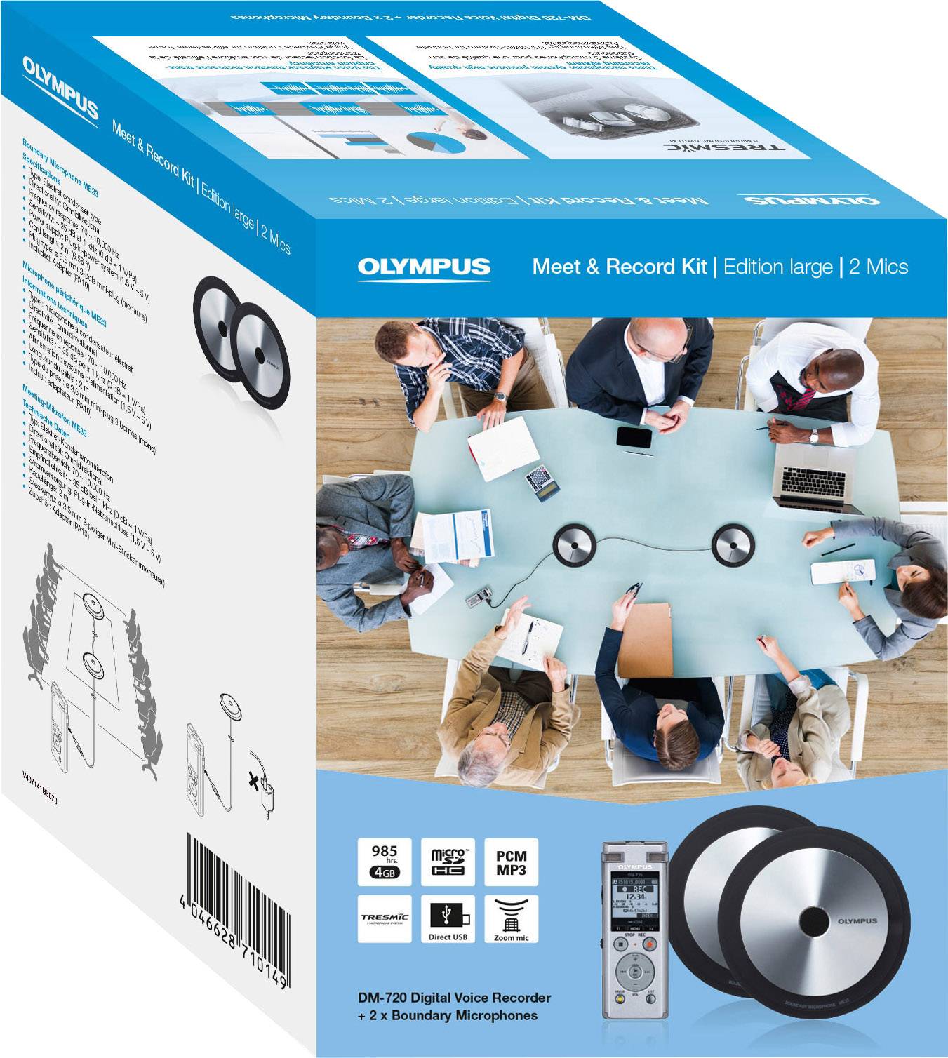 Olympus DM-720 Meet & Record Kit Large Digitales Diktiergerät Aufzeichnungsdauer (max.) 985h Silber inkl. 2 Grenzflächen-Mikrofone