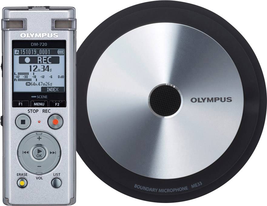Olympus DM-720 Meet & Record Kit Small Digitales Diktiergerät Aufzeichnungsdauer (max.) 985 h Silber inkl. 1 Grenzflächen-Mikrofon