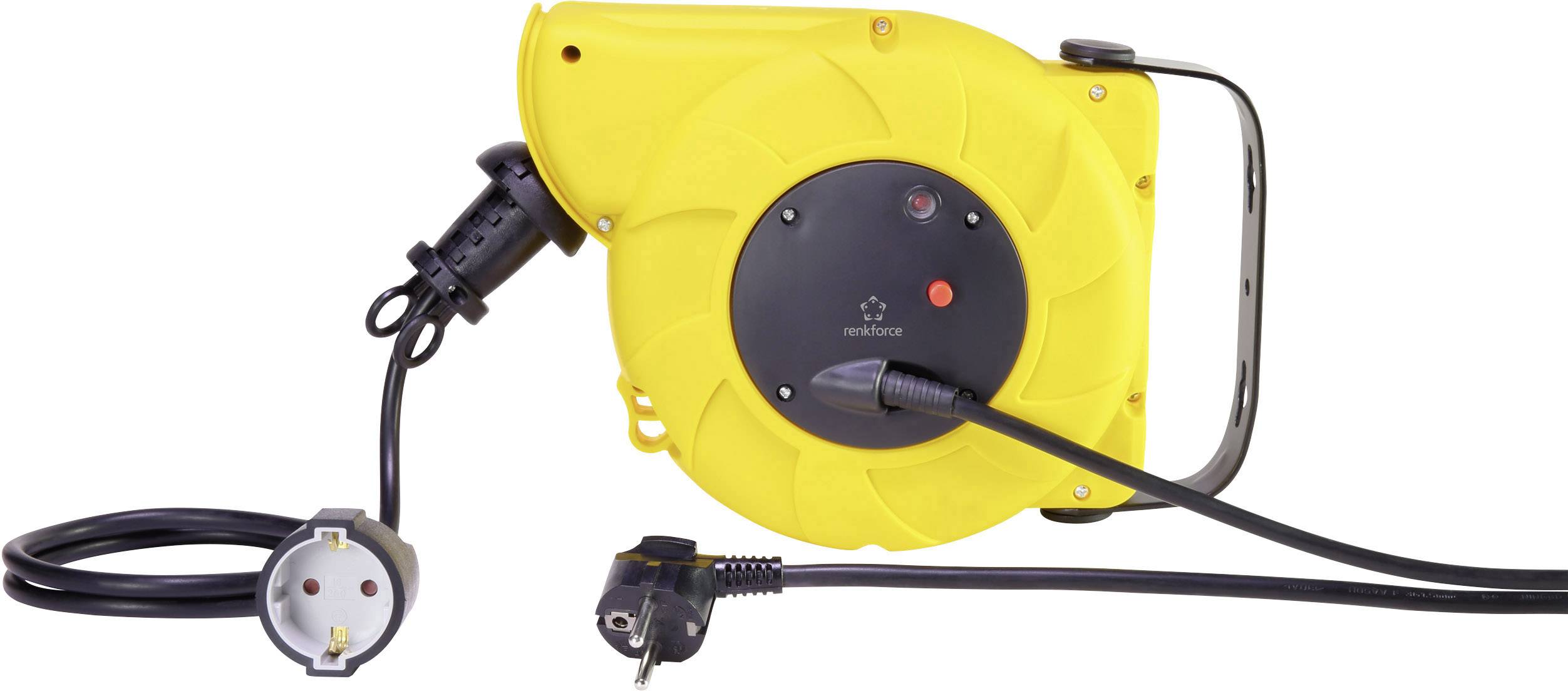 Gelbe automatische Kabeltrommel mit schwarzem Netzkabel und Steckdose, geeignet für einfache Kabelführung in Werkstätten oder Garagen.