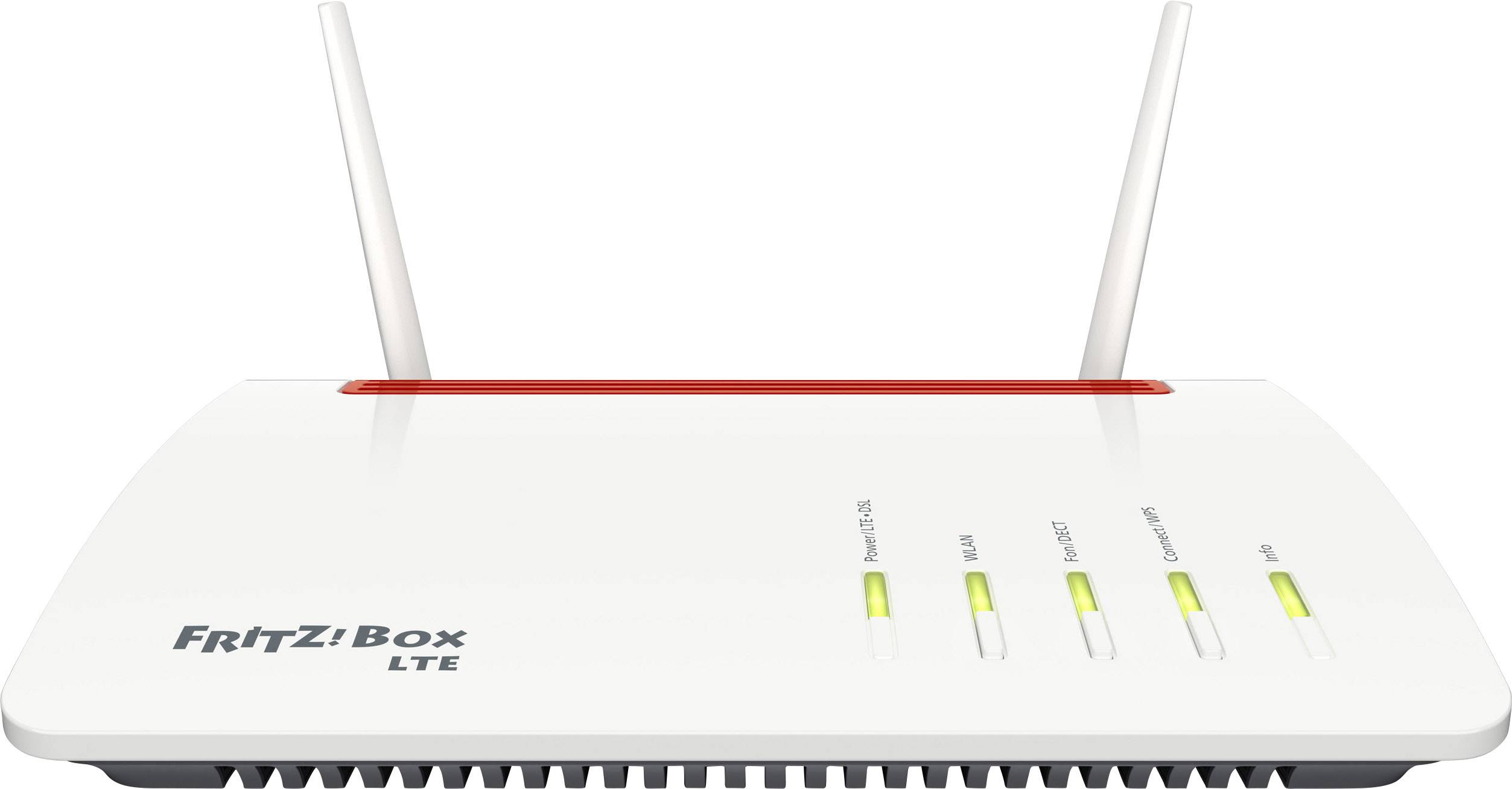 AVM FRITZ!Box LTE-Router mit zwei Antennen. LED-Anzeigen für Power, Internet, WLAN und Telefonie leuchten gelb.