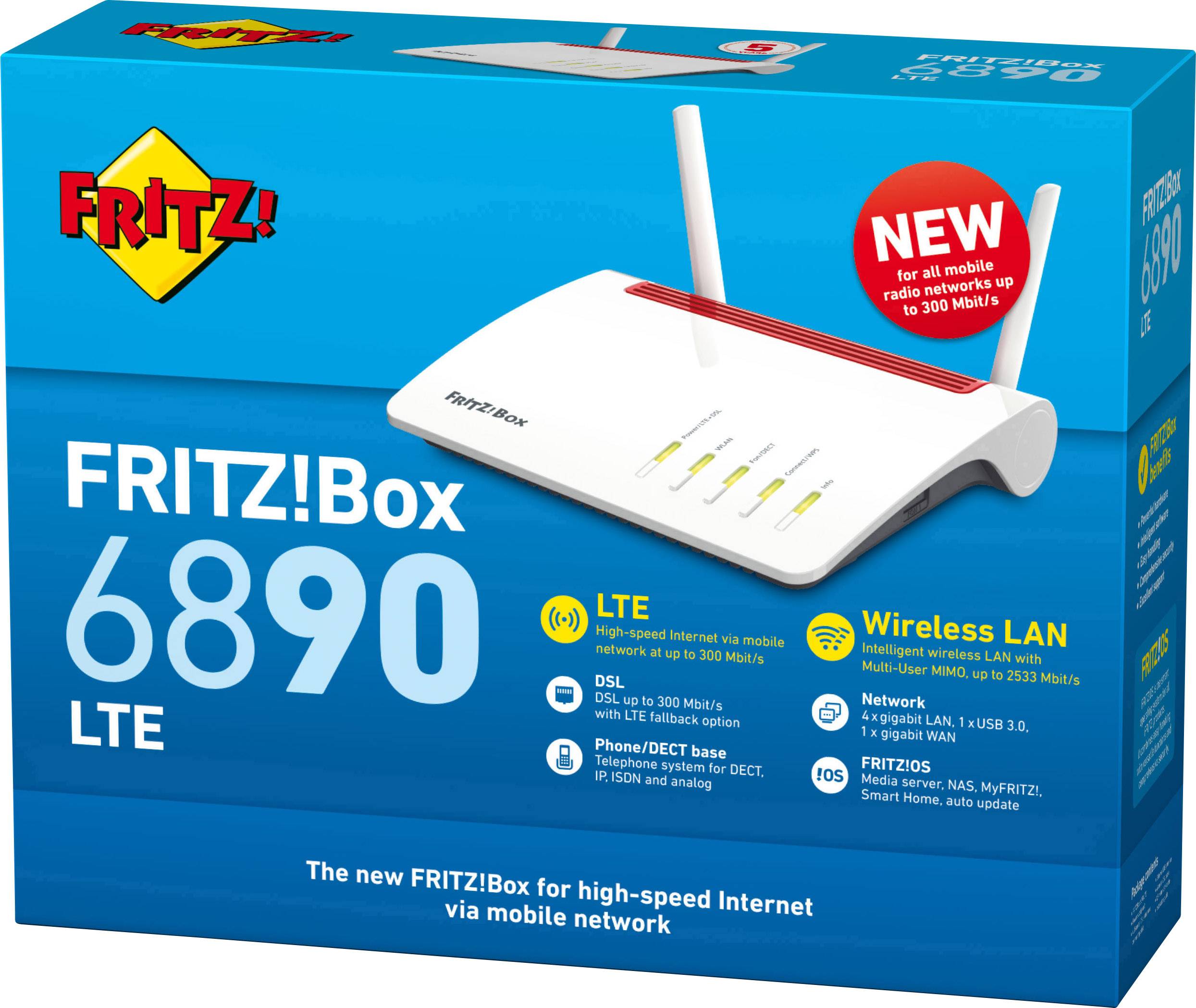Verpackung der FRITZ!Box 6890 LTE. Zeigt den Router mit zwei Antennen. Funktionen: LTE, Wireless LAN, DSL. Enthält Text: 'NEW for all mobile radio networks up to 300 Mbit/s'.