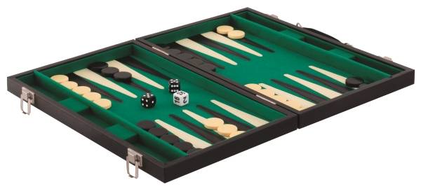 Ein Backgammon-Spielbrett mit weißen und schwarzen Steinen. Zwei Würfel liegen in der Mitte.