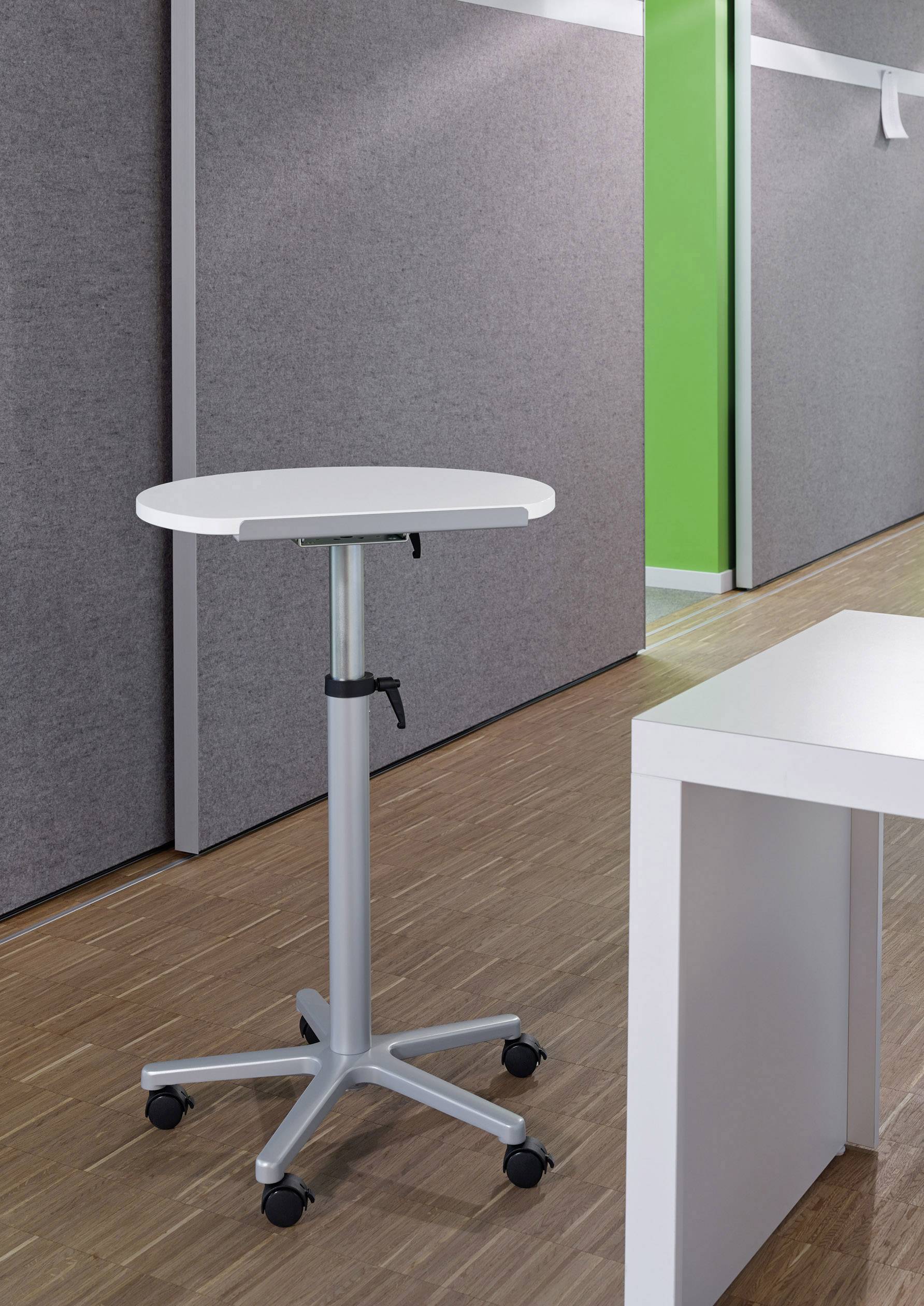 Höhenverstellbarer, rollbarer, runder Tisch in modernem Büroraum mit Holzboden und grüner Wand.