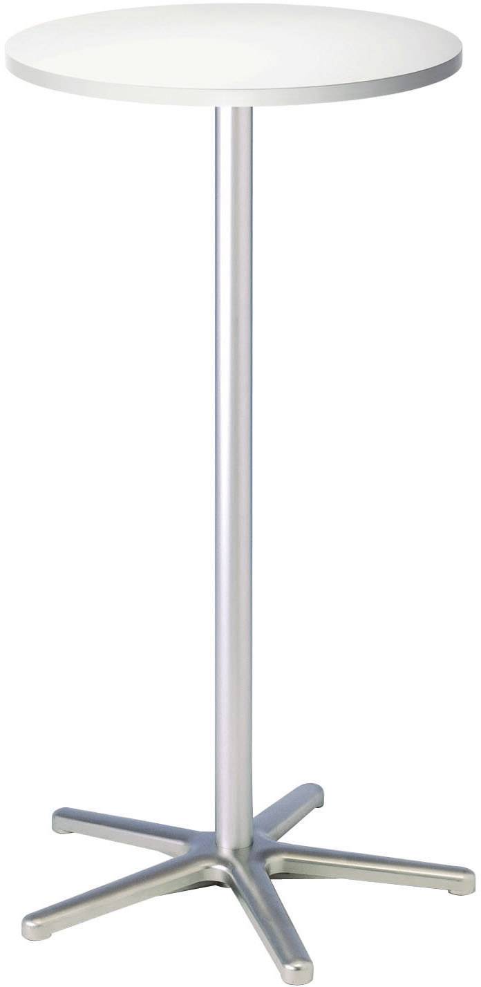 Hohes, rundes Stehtisch mit silbernem Metallgestell und weißer Tischplatte.