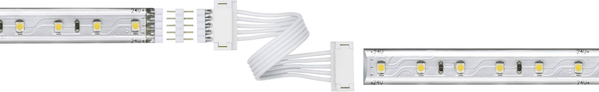Zwei LED-Lichtstreifen sind durch einen flexiblen weißen Kabeladapter verbunden. Jeder Streifen hat gleichmäßig verteilte LEDs.