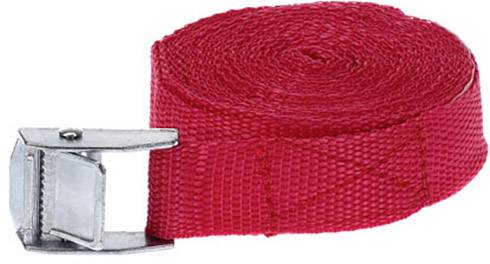 Rotes Spanngurtband mit Metallschnalle, zusammengerollt, dient zur Ladungssicherung bei Transporten.