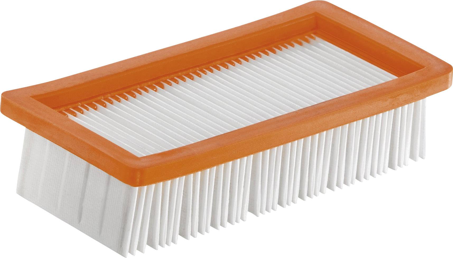 Rechteckiger Filter mit orangefarbenem Rand und weißen Lamellen, auf hellem Hintergrund.