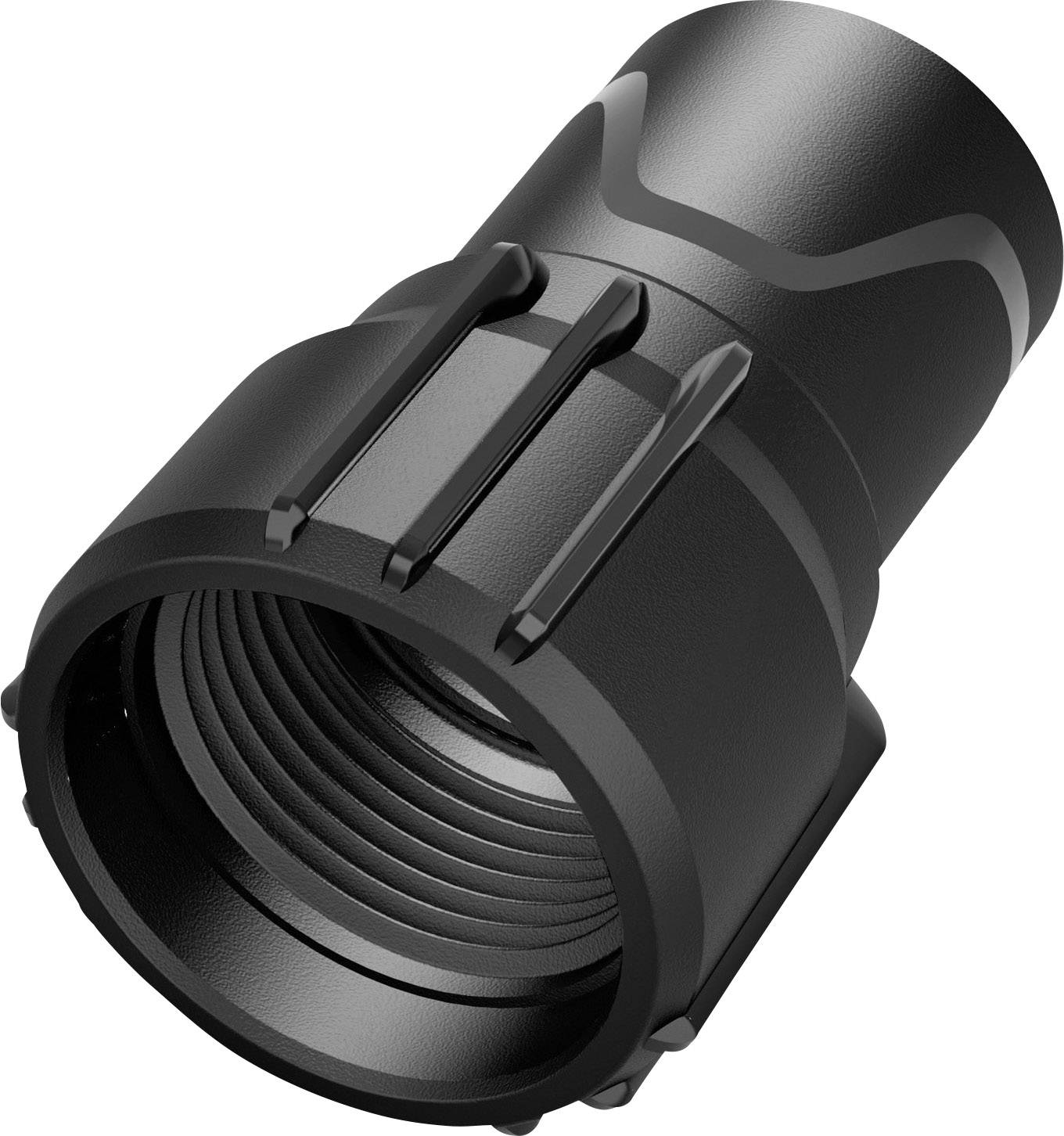 Ein schwarzes, zylindrisches Metallobjekt mit geripptem Gehäuse und einem gewellten Muster nahe dem oberen Ende, vermutlich ein technisches Bauteil.