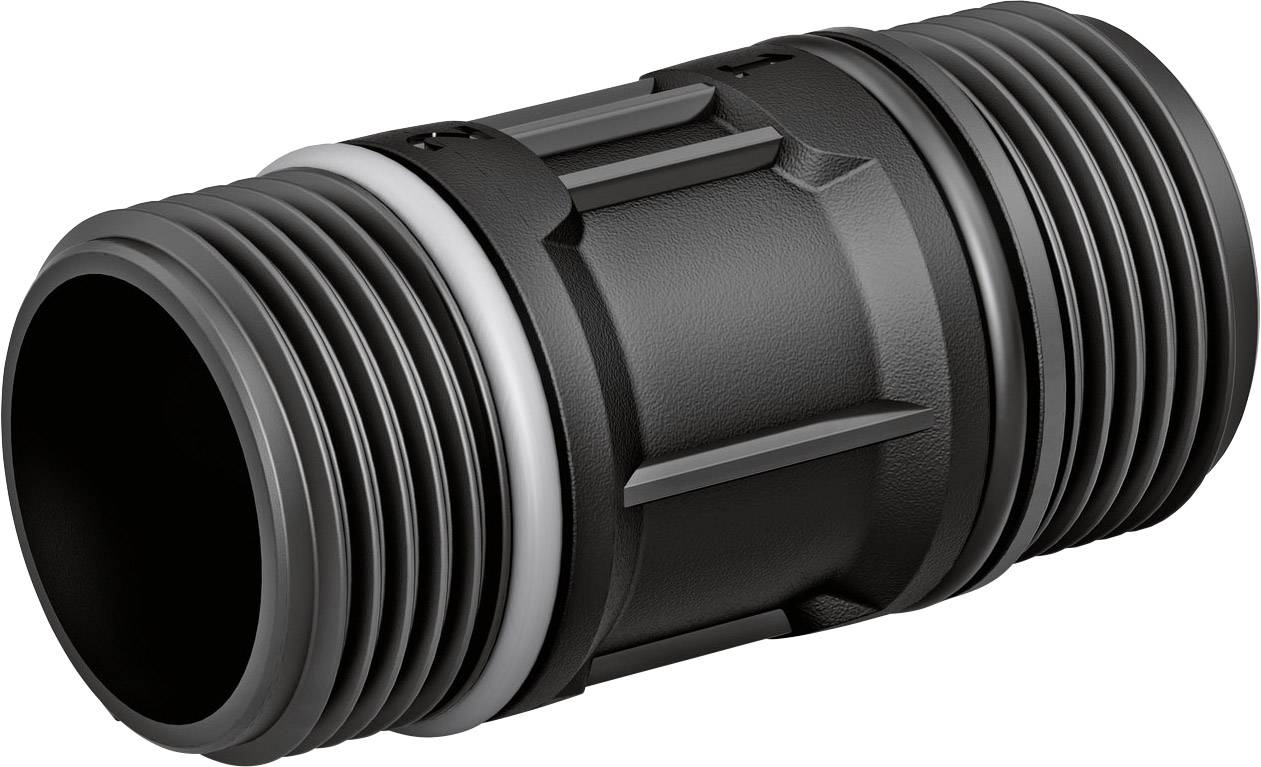 Ein schwarzes, zylindrisches Rohrstück mit beidseitigen Außengewinden und einer weißen Dichtung in der Mitte.
