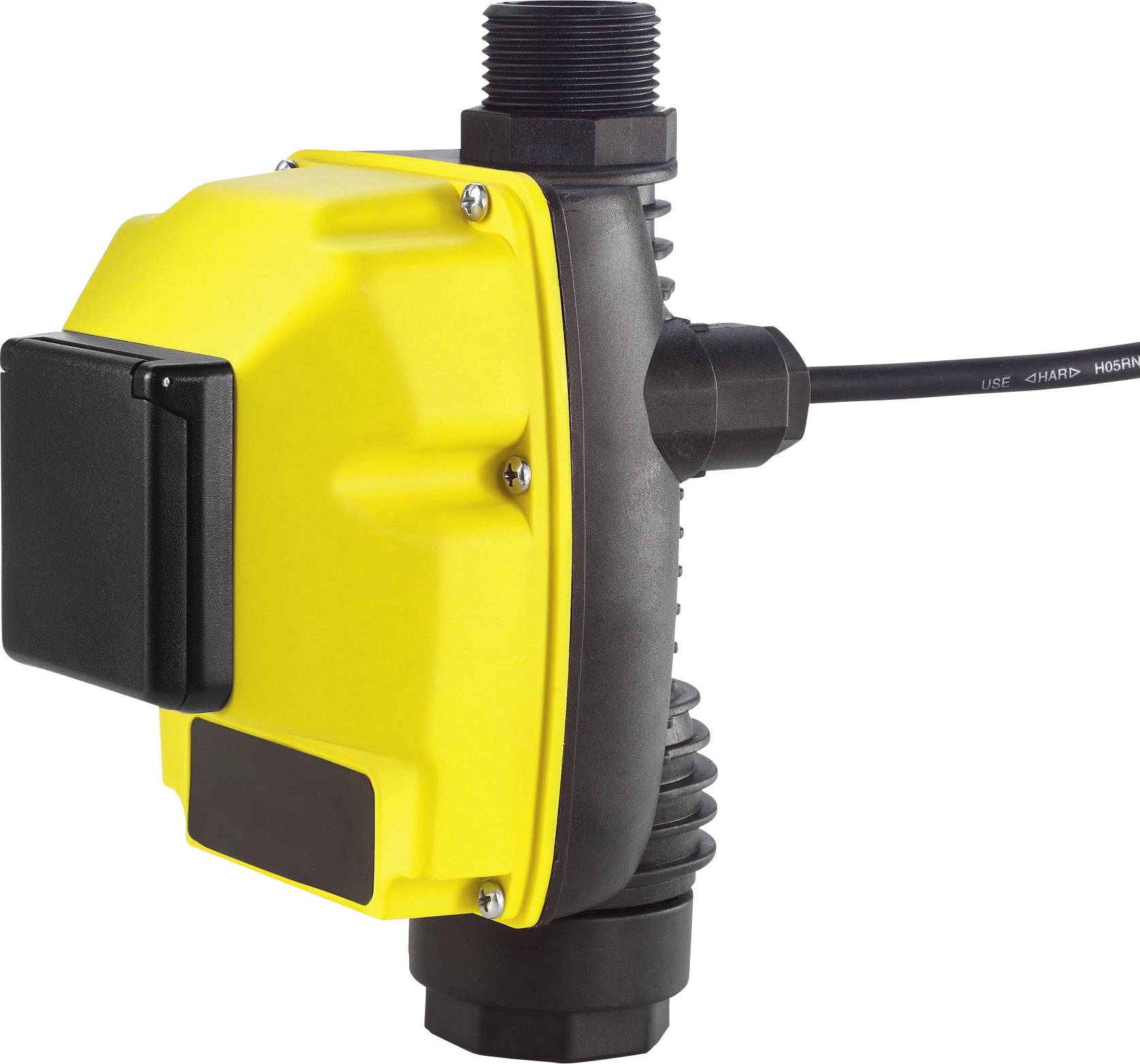 Ein gelber elektronischer Druckschalter mit schwarzem Gehäuse und Kabelanschluss, für die Steuerung von Wasserpumpen.