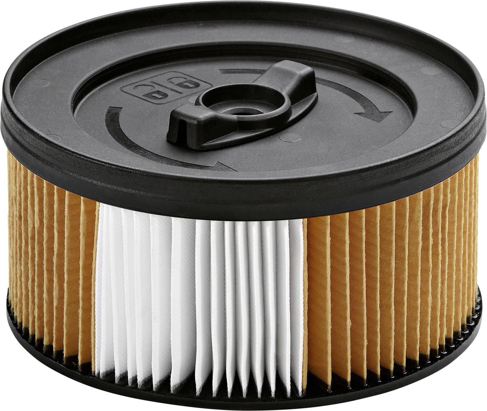 Runder Filter mit orangefarbenem Faltpapier und schwarzem Kunststoffdeckel, geeignet für Staubsauger oder ähnliche Haushaltsgeräte.