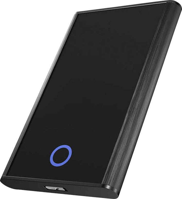 Tragbare schwarze Powerbank mit USB-Anschluss und blauem LED-Lichtring, verwendet zur Aufladung von mobilen Geräten unterwegs.