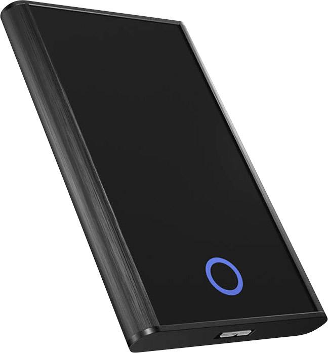 Tragbare Powerbank in schwarzem, rechteckigem Design mit blauem LED-Kreis auf der Oberfläche, zeigt an, dass sie eingeschaltet ist.