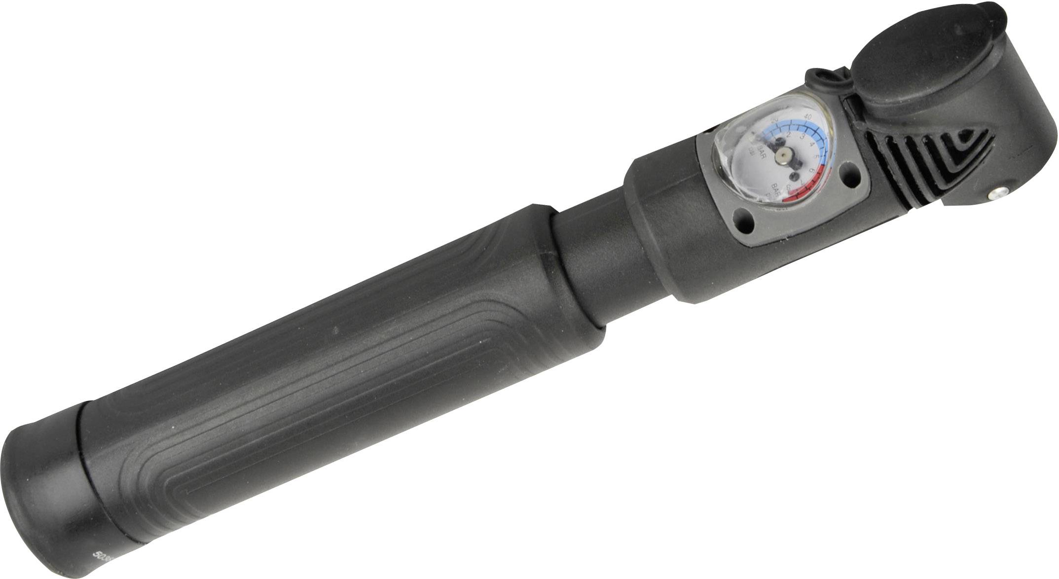 Kleine schwarze Luftpumpe mit eingebautem Manometer, zur Messung des Drucks beim Aufpumpen von Fahrradreifen.