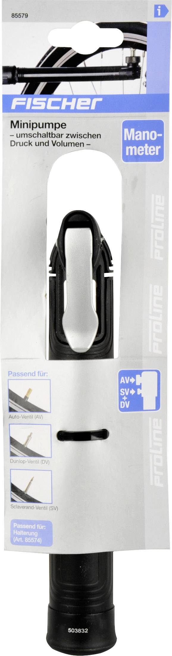 Verpackung einer Fischer Minipumpe. Zeigt eine schwarz-weiße Pumpe, markiert als passend für AV-, SR-, DV-Ventile, mit Manometer.