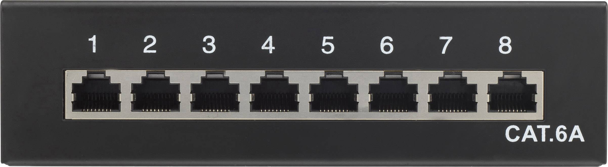 Schwarzer Netzwerk-Switch mit acht Ethernet-Anschlüssen, nummeriert von 1 bis 8. Beschriftung unten rechts: 'CAT.6A'.