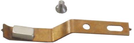 Metallklammer mit verschlungenem Design und zwei Löchern, daneben eine kleine Schraube.