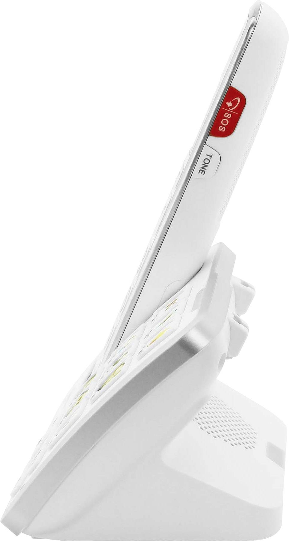 Ein schnurloses Telefon auf einer Ladestation, seitlich betrachtet. Oben befindet sich eine rote 'SOS'-Taste neben der 'Tone'-Taste.