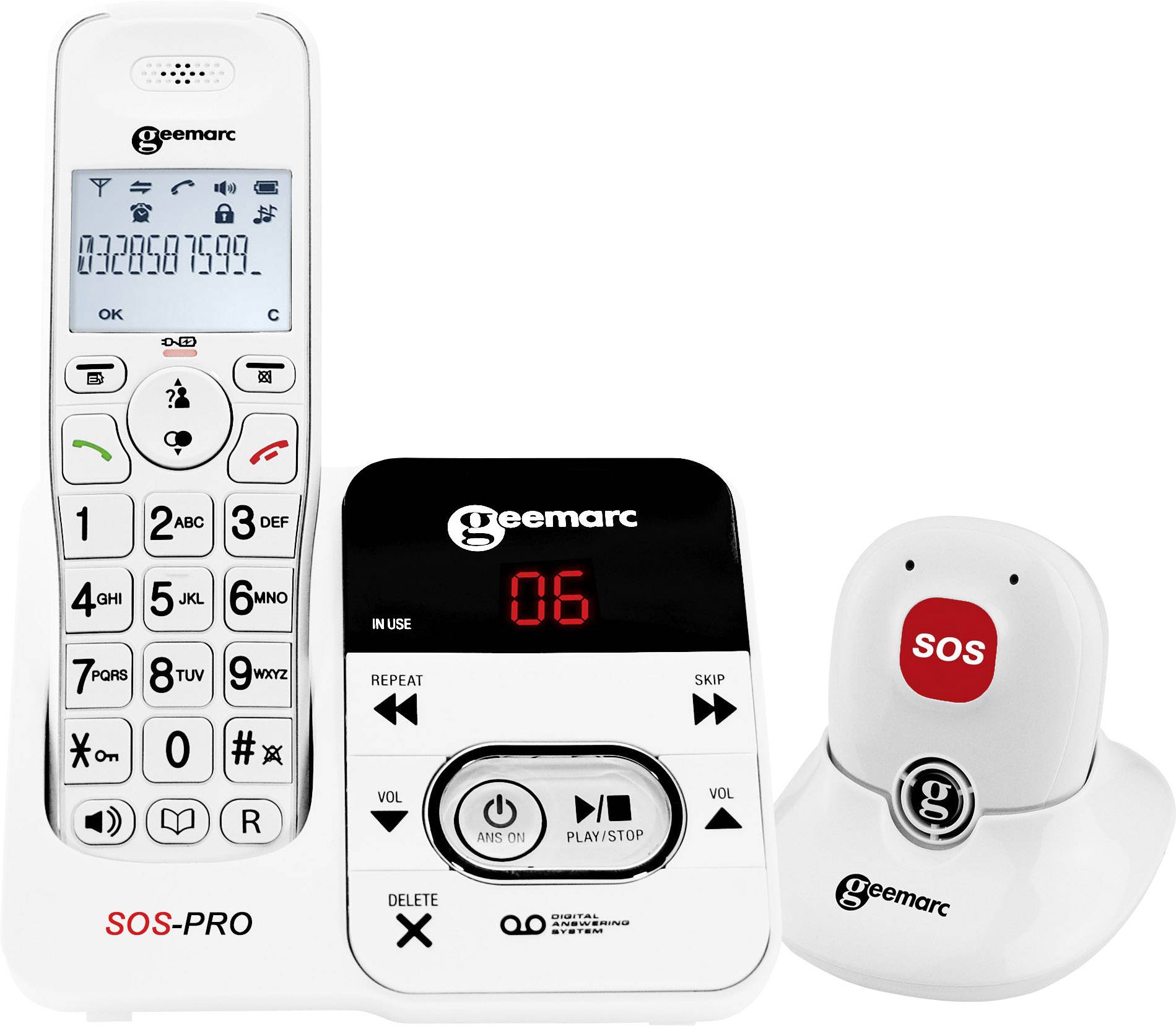 Geemarc AMPLIDECT 295 SOS-Pro Schnurloses Seniorentelefon Anrufbeantworter, inkl. Notrufsender Beleuchtetes Display Weiß