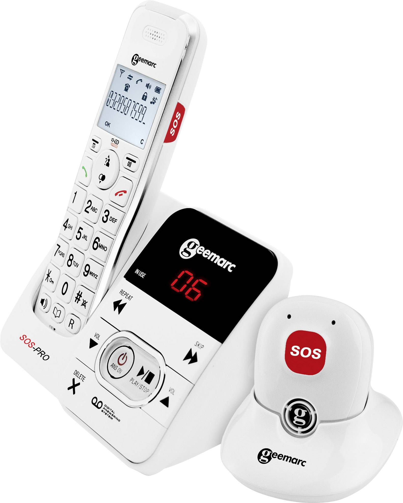Geemarc AMPLIDECT 295 SOS-Pro Schnurloses Seniorentelefon Anrufbeantworter, inkl. Notrufsender Beleuchtetes Display Weiß