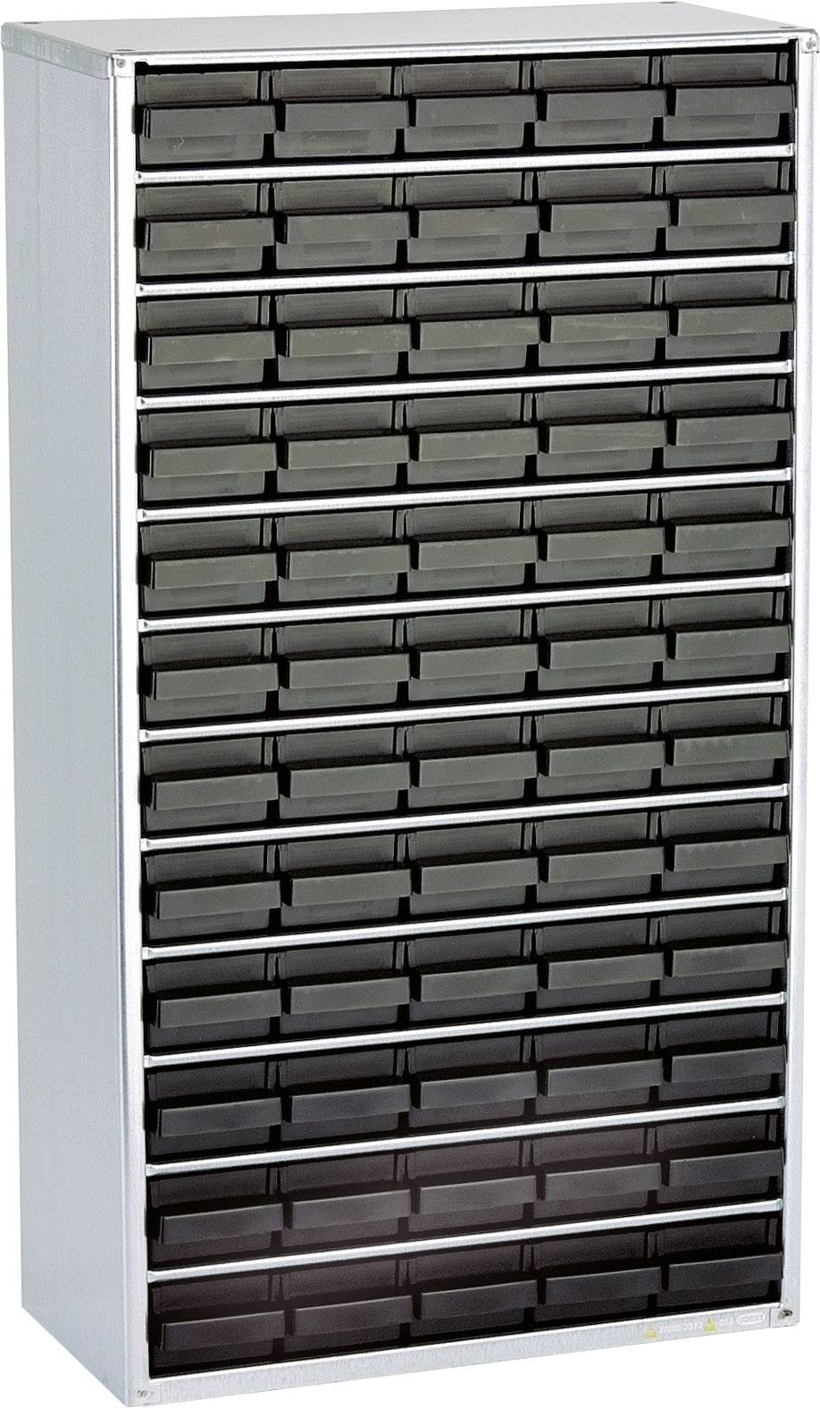 Ein hoher, schmaler Schrank mit vielen schwarzen Schubladen in mehreren Reihen zur Aufbewahrung von Kleinteilen oder Werkzeugen.