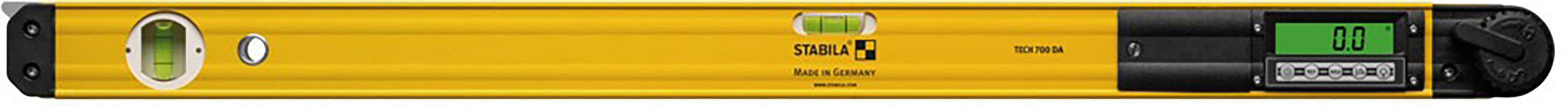 Elektronische Wasserwaage in Gelb mit digitaler Anzeige von 0,0 Grad und integrierter Libelle.