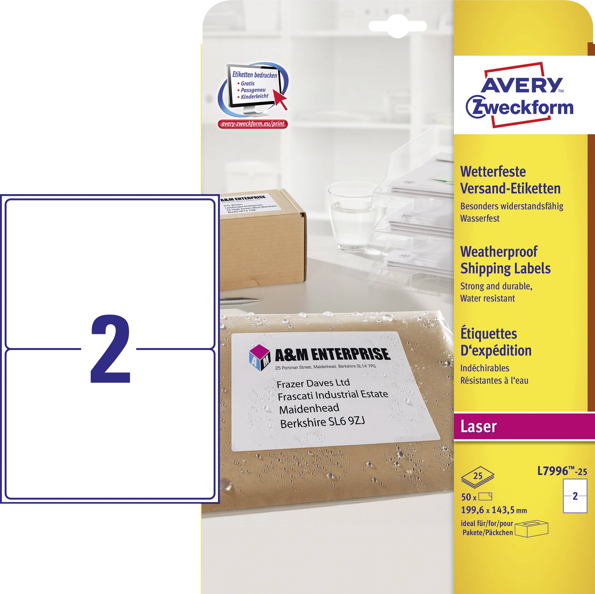 Avery-Zweckform L7996-25 Adress-Etiketten 199.6 x 143.5 mm Polyester-Folie Weiß 50 St. Permanent haftend Laserdrucker, Farblaserdrucker